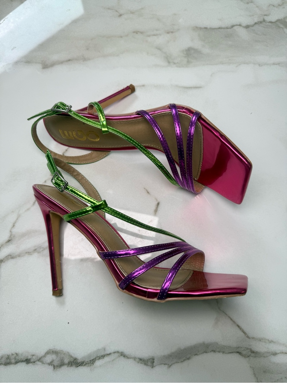 Metallic Pink & Purple Strappy High Heel Sandals with Green Accent